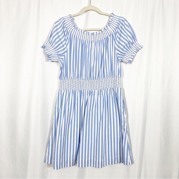 J. Crew Smocked Puff Sleeve Cotton Poplin Dress: Blue White Stripe Nautical - Picture 4 of 14